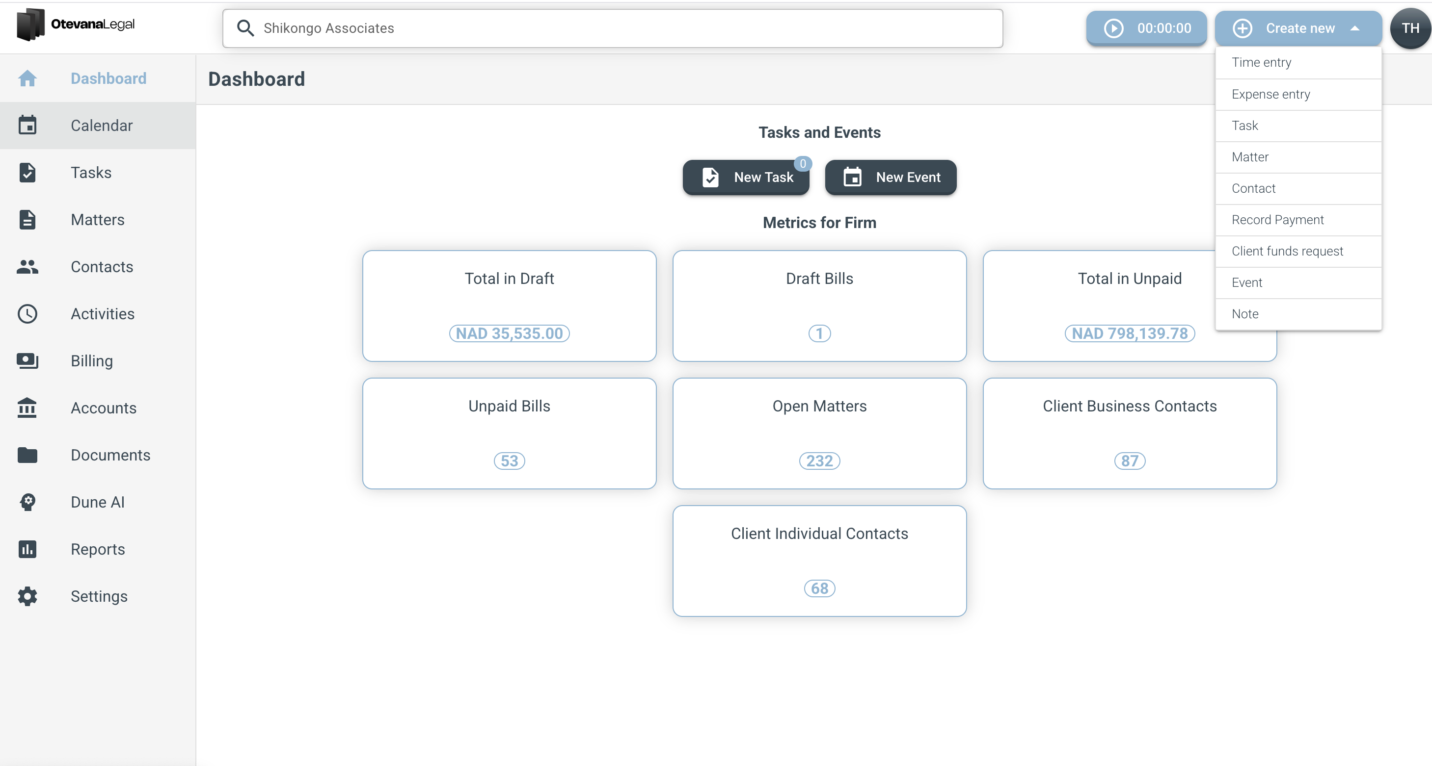 Otevana Legal practice management software dashboard showing case management, billing, and client portal features